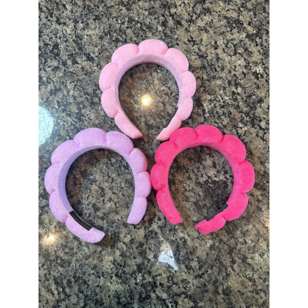 Set of 3 Puffy Spa Headbands Scalloped Microfiber Skincare Headbands Pink Purple